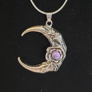 Silver Crescent Moon Pendant with Purple Gem